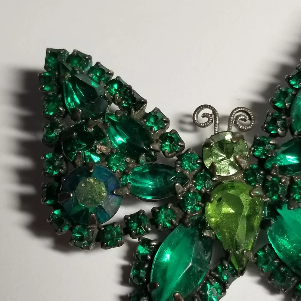 Vintage butterfly brooch green rhinestones pin moth insect bug jewelry p…